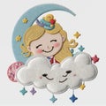 Tapestry sleeping little girl on the clouds. Embroidery cartoon princess on the sky. Textuted moon, stars. Smiling cute girl with