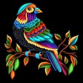 Tapestry textured bright isolated cartoon parrot on the branch. Floral embroidery pattern background illustration. Stitch lines