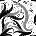 Tapestry textured floral seamless pattern. Embroidery black white stitched lines background. Embroidered abstract hand drawn