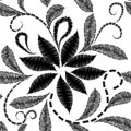Tapestry textured floral seamless pattern. Embroidery black white stitched lines background. Embroidered abstract hand drawn