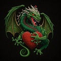 Tapestry textured green fierce dragon with red eyes, sharp teeth, wings, holding red love hearts in hands. Embroidery colorful