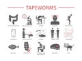 Tapeworms. Symptoms, Treatment. Flat icons set. Vector signs