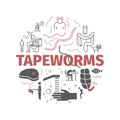 Tapeworms. Symptoms, Treatment. Line icons set. Vector signs for web graphics.