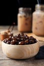 Tapioca balls for milk bubble tea in bowl on table, closeup