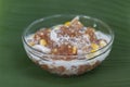 Tapioca pearl or Sago pudding with young coconut meat and coconut milk in bowl is Thai desserts.