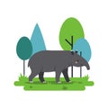 Tapir animal walking on grass with green and blue trees in flat vector style illustration Royalty Free Stock Photo
