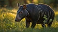 Malayan Tapir Strolling in the Lush Green Meadow at Golden Hour Royalty Free Stock Photo