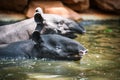 Tapir swimming on the water in the wildlife sanctuary - Tapirus terrestris or Malayan Tapirus Indicus