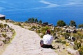 Taquileno Men Knitting - Taquile Island, lake Titicaca - Peru Royalty Free Stock Photo