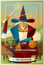 Magician juggler with cup, wooden staff, sword and gold tarot card Royalty Free Stock Photo