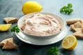 Taramasalata dip made with fish roe in white bowl Royalty Free Stock Photo