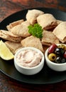 Taramasalata dip with pita bread and olives Royalty Free Stock Photo
