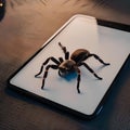 A tarantula crawling on a tablet, scrolling through a spider-themed web browser3 Royalty Free Stock Photo