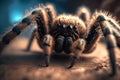 Tarantula spider close up in terrarium. Home pet enclosure creepy brown exotic dangerous predator zoology object macro