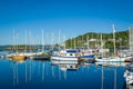 Tarbert marina with perfect blue sea and sky.