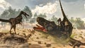 Tarbosaurus attacked by velociraptor dinosaurs -