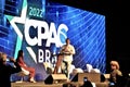 TarcÃÂ­sio de Freitas speaking at CPAC Brasil Brasil with his wife at the Royal Palms Hall Hotel Royalty Free Stock Photo