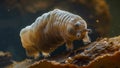 A of tardigrades is shown in a microscopic image floating in a pool of water. Despite the seemingly inhospitable