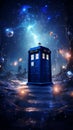 TARDIS, from Doctor Who, time machine, blue police phone call box, burning night, Generative AI