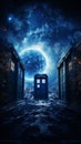 TARDIS, from Doctor Who, time-space machine, blue police phone call box, time vortex, Generative AI Royalty Free Stock Photo