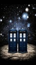 TARDIS, from Doctor Who, time machine, blue police phone call box, burning night, Generative AI