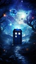 TARDIS, from Doctor Who, time machine, blue police phone call box, burning night, Generative AI