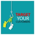 Target your customers with hook fish and people. Flat design. Vector Illustration on turquoise background. Royalty Free Stock Photo