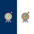 Target, Archery, Arrow, Board  Icons. Flat and Line Filled Icon Set Vector Blue Background Royalty Free Stock Photo