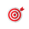 Target with an arrow hit the bull`s eye in a flat. Perfect hit. Vector EPS 10