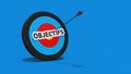 Target with arrow piercing the word OBJECTIVES - 3D rendering Royalty Free Stock Photo