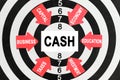 On the target arrows with business lettering point to the center on a business card with the inscription - CASH