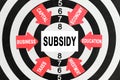 On the target, arrows with business lettering point to the center on a business card with the inscription - SUBSIDY