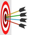 Target board, colorful arrows. Direct hit colored arrows, red, yellow, blue, green. Red white circle on perspective side wall Royalty Free Stock Photo