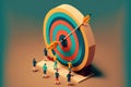 Target and goal concept, Wooden figures standing around dartboard and arrow for creative, AI generated