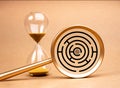 Target dart icon in middle of maze game in magnifying glass lens near hourglass on yellow background. Business solution, planning Royalty Free Stock Photo
