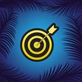 Target with dart. Vector. Golden icon with black contour at blue