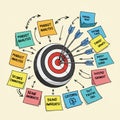A target with five arrows sticking into it is surrounded by colorful sticky notes Royalty Free Stock Photo