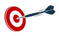 Target hit, dartboard and dart flying to aim, darts competition emblem, achievement concept