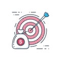 Target icon with dart and money. multi color doodle style.