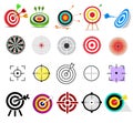Target icon vector arrow in aim of dartboard and goal of success business strategy illustration set of sport darts game