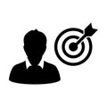 Target icon vector bullseye dartboard with male user profile avatar symbol for business development goals in glyph pictogram