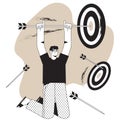 Target market, group or customer concept in line style. Man holds arrow that hit target or bull`s-eye. Work success Royalty Free Stock Photo