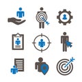 Target market icons of buyer image and persona - gear, arrow, n