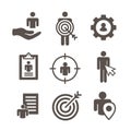 Target market icons of buyer image and persona - gear, arrow, n