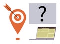 Target Pin with Arrow, Question Mark, and Laptop Representing Goals, Strategy, and Digital Decision-Making Royalty Free Stock Photo