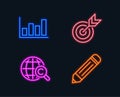 Target, Report diagram and International Copyright icons. Pencil sign.