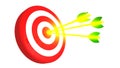 Target and three glowing golden arrows on white background, 3D illustration