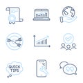 Targeting, Quick tips and Chart icons set. Web analytics, Quote bubble and Smartphone repair signs. Vector