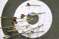 Targets at a bow shooting range with arrows in them Royalty Free Stock Photo