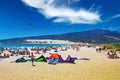 Atlantic ocean spanish sand beach, kite surfers, dunes, hill, blue summer sky